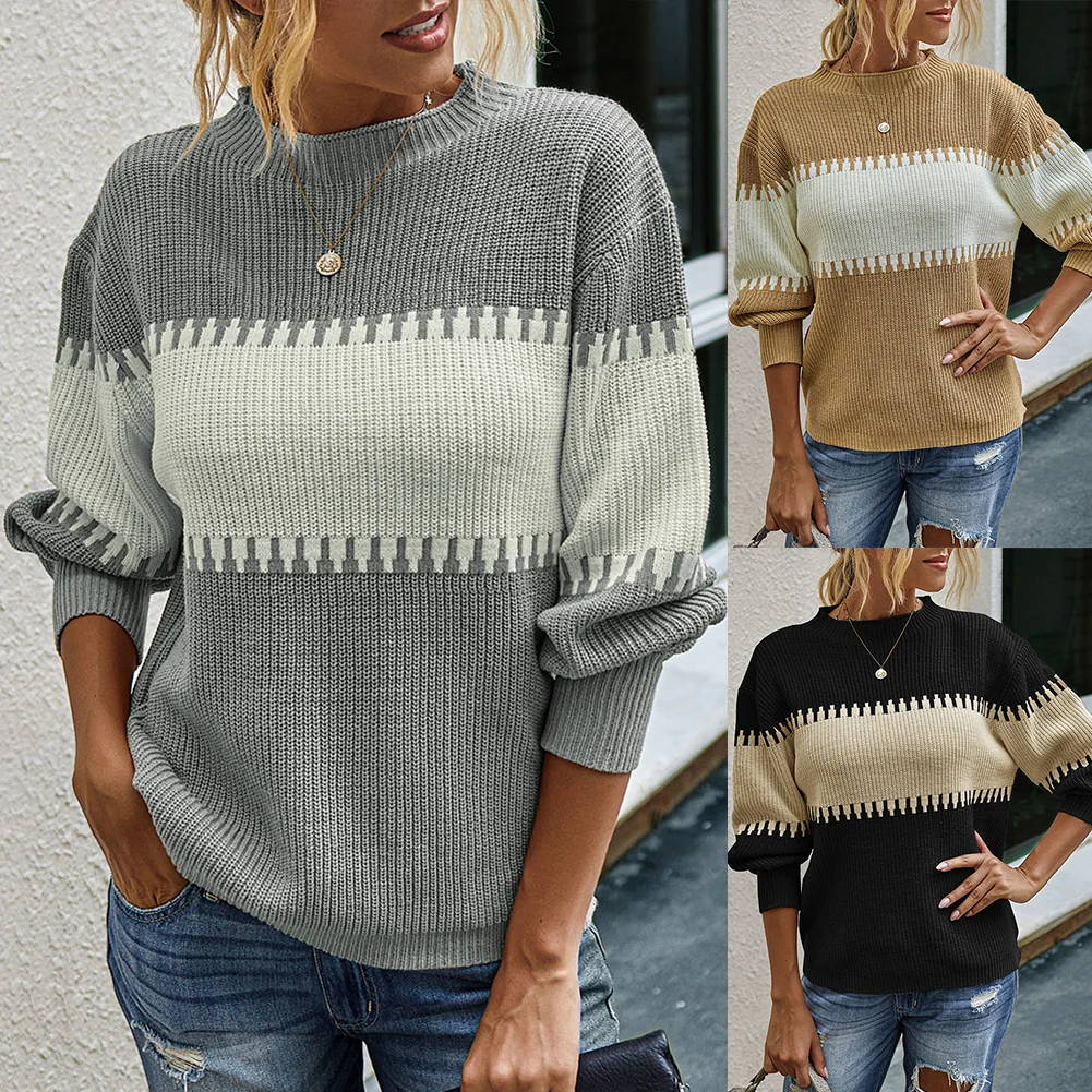 Women Autumn Winter-Jumper Pullover Color Block Long Puff Sleeve Knitted Sweater Patchwork femal winter outdoor sport streetwear | Женская