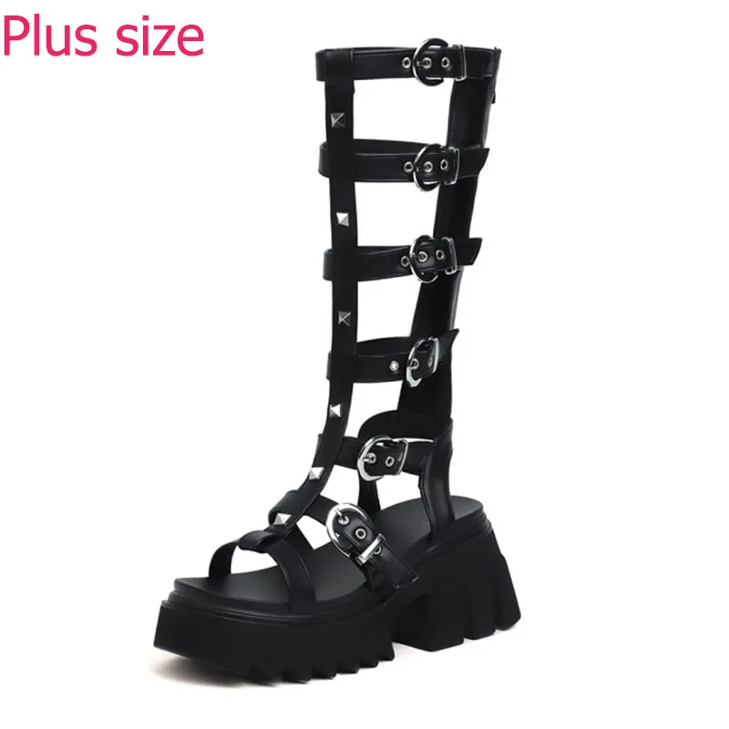 

Belt Buckle Strap Black Platform Shoes Punk Gothic Summer Shoes For Woman Fashion Rivet Gladiator Platform Sandals Plus Size