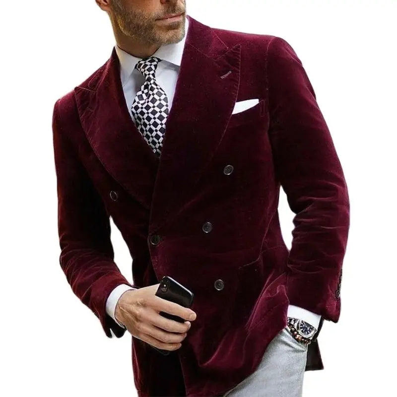 Mens Burgundy Double Breasted Velvet Blazer Dinner Jacket Elegant Coat Smoking Suit 2021 New Arrival