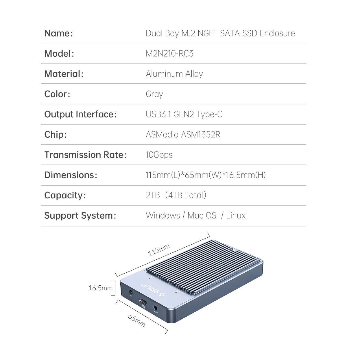 Чехол ORICO LSDT RAID Dual Bay M2 SSD с поддержкой M.2 NGFF SATA Disk для B Key &amp + M режима PM/RAID 0/RAID 1/jino |