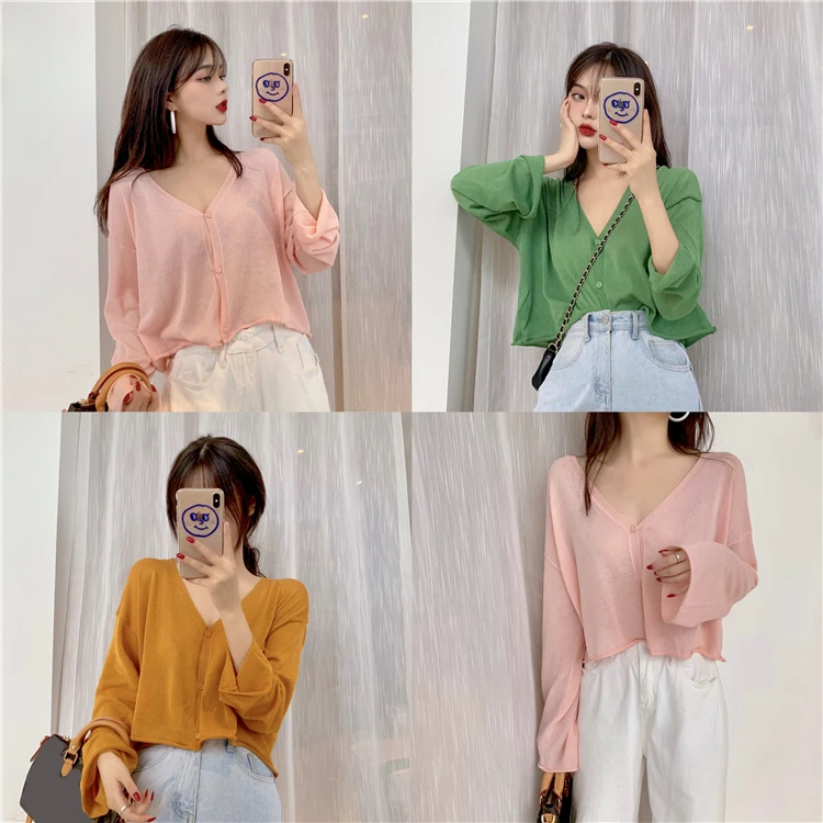 

Candy Color Online Influencer Hongkong Style Viscose Fibre V-neck Knit Top Jacket Super Fairy Spring and Autumn All-Match Thin