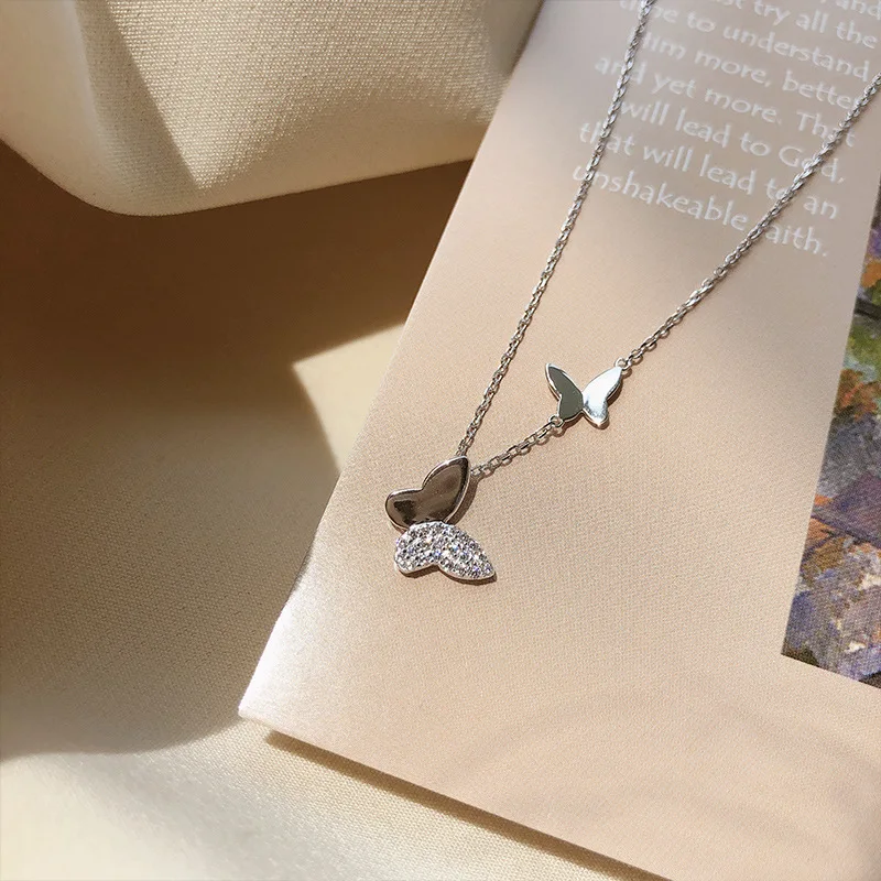 

925 Sterling Silver Crystal Butterfly Charm Korean Pendant Choker Necklace Wedding Statemen Jewelry For Women dz104