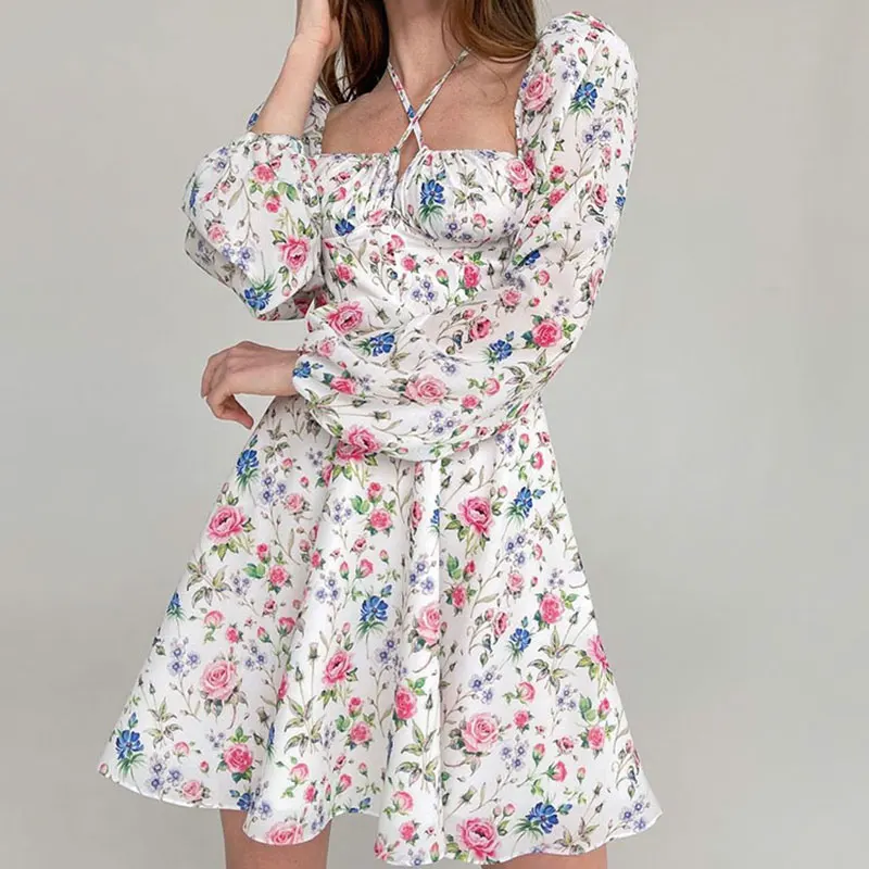 

Puff Sleeve Floral Wrap Mini Dress Woman Autumn Sexy Short Print A-line Square Collar Long Sleeve Elegant Loose Feminine Dresses