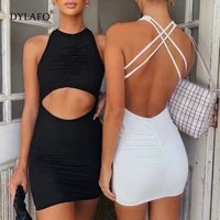 sexy hollow out women bodycon dress summer round collar sleeveless mini dresses ladies sexy bag buttock backless dress vestidos