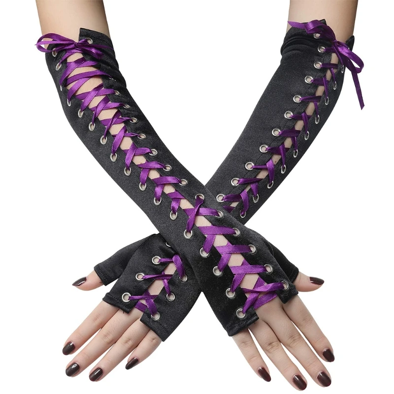 Сексуальные перчатки со шнуровкой атласные с открытыми пальцами длинные до