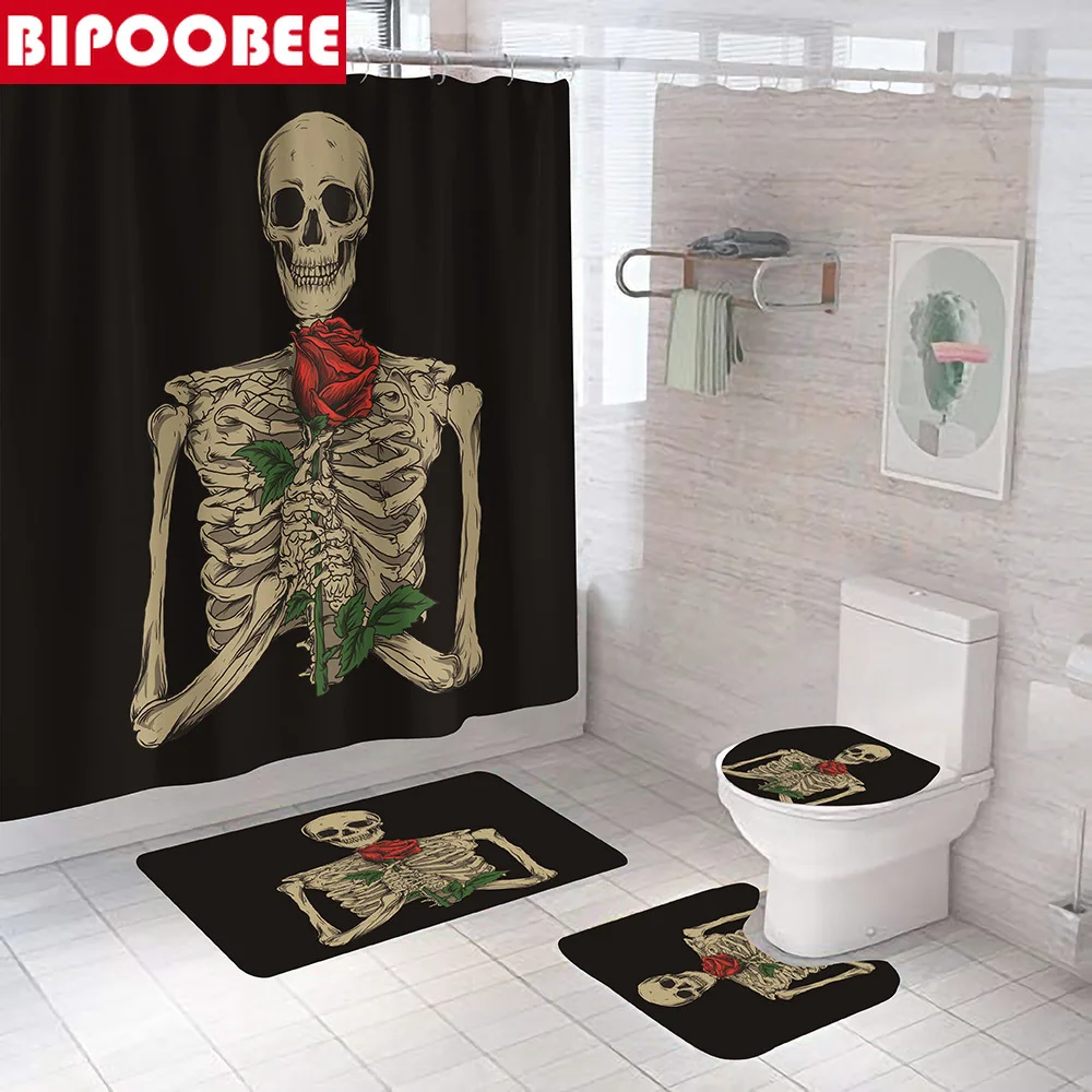 

Rose Flower Skull Skeleton Pattern Bathroom Curtain Halloween Shower Curtains with Hooks Pedestal Rugs Toilet Lid Cover Bath Mat