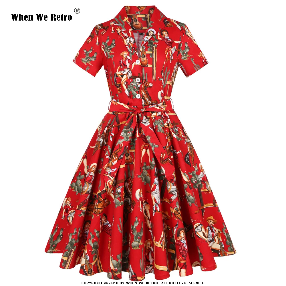 

When We Retro Short Sleeve Women Cotton Dress SD0002 Swing Rockabilly Vintage Dress 50s 60s Inspired Red Cowgirls Printed Dress