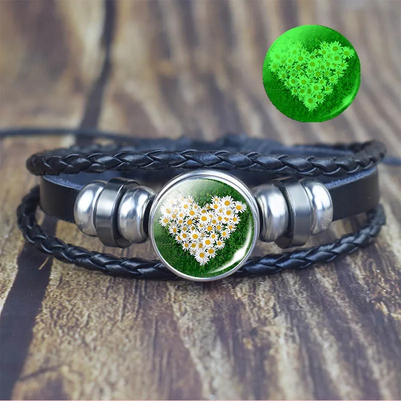 Светящийся браслет Shamrock с четырехлистным клевером стеклянный кабошон кожаные