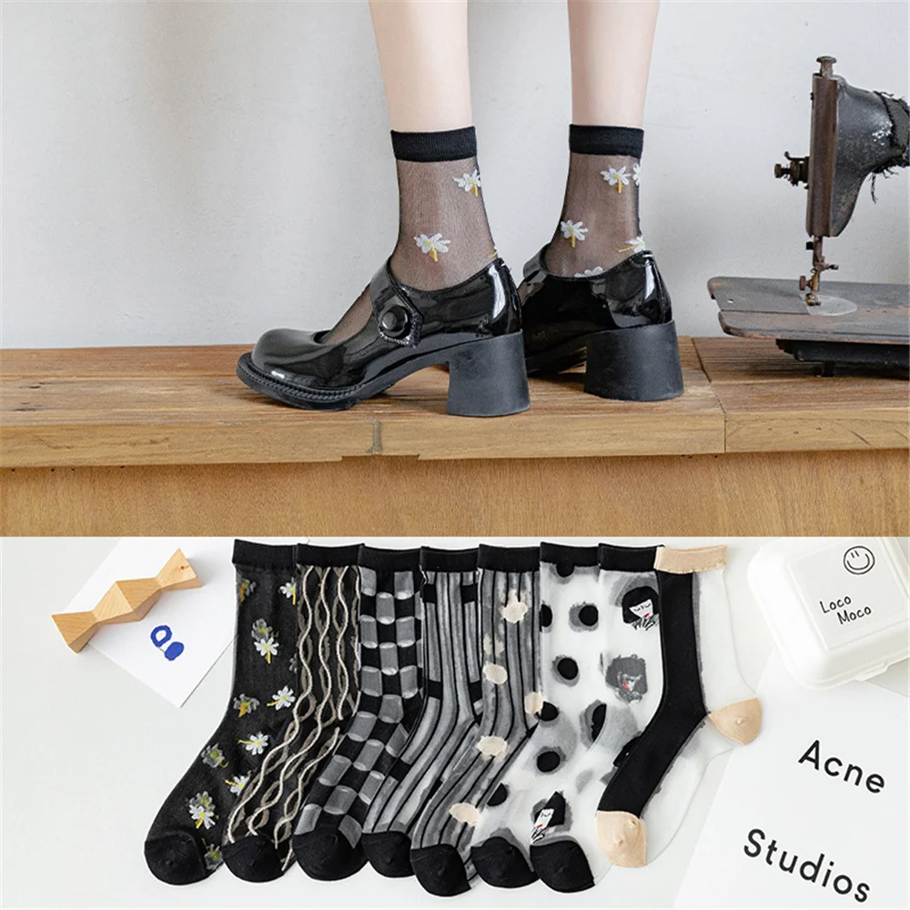

Hot Selling Glass Silk Socks Women Kawaii Ultrathin Transparent Crystal Lace Korean Style Elastic Ladies Summer Cute Socks