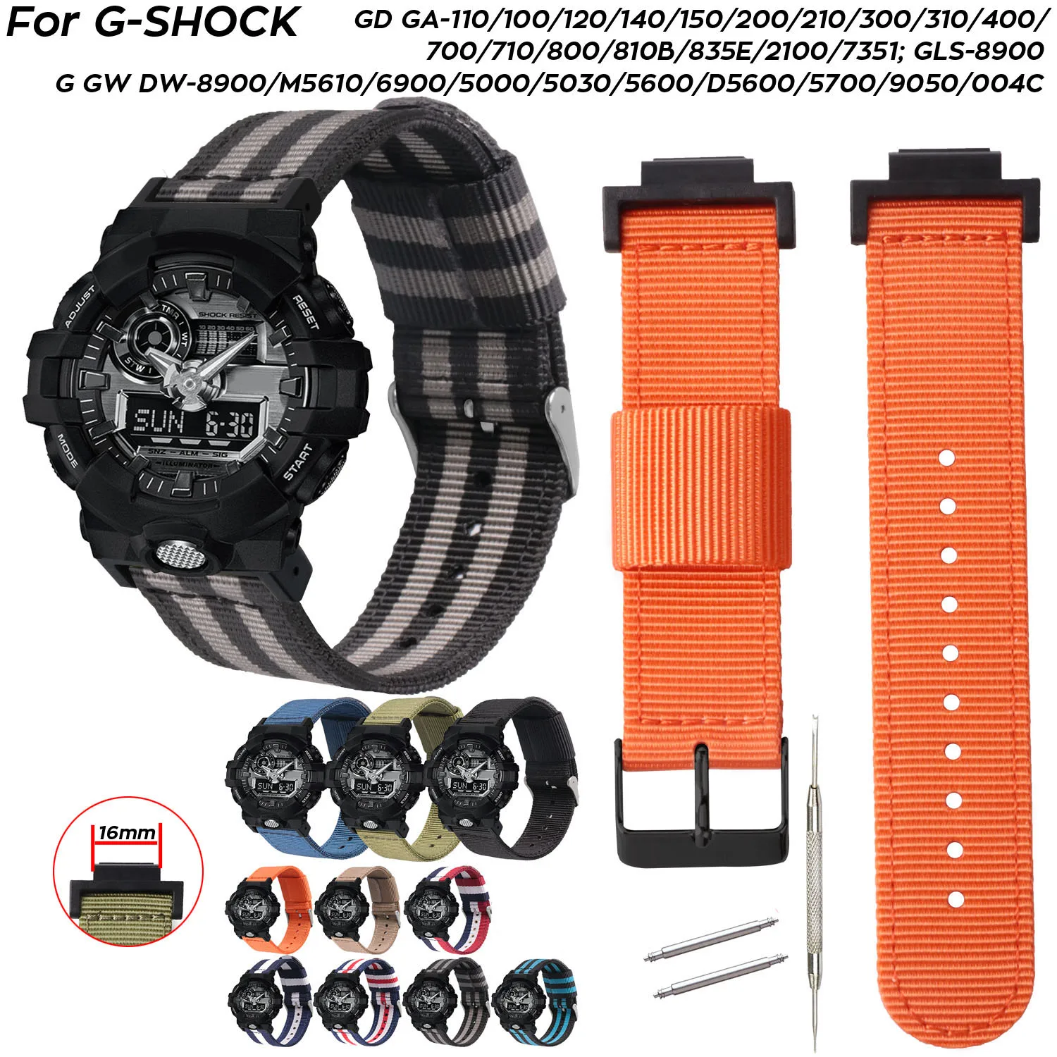 

Weave Nylon Watch Strap for Casio G-SHOCK Watch Band Fabric Wrist Bracelet GA-110 400 GD100 DW-6900 G-5600 GW-M5610 GLS8900 16mm