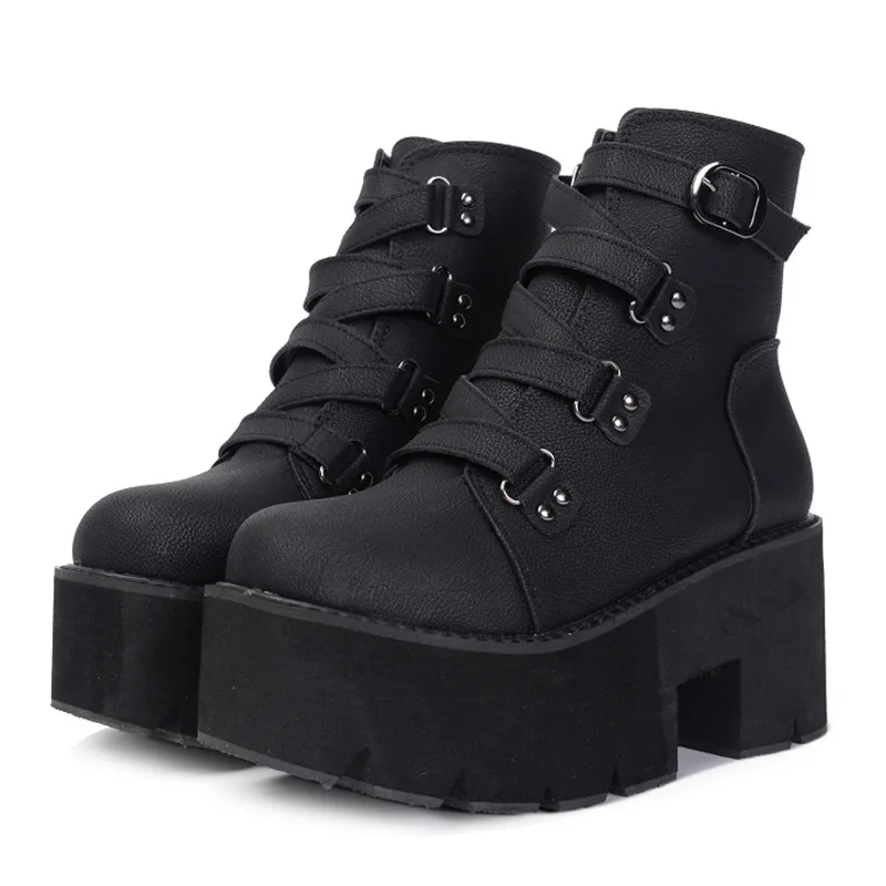 

Spring Autumn Ankle Boots Women Platform Boots Rubber Sole Buckle Black PU High Heels Shoes Woman Comfortable