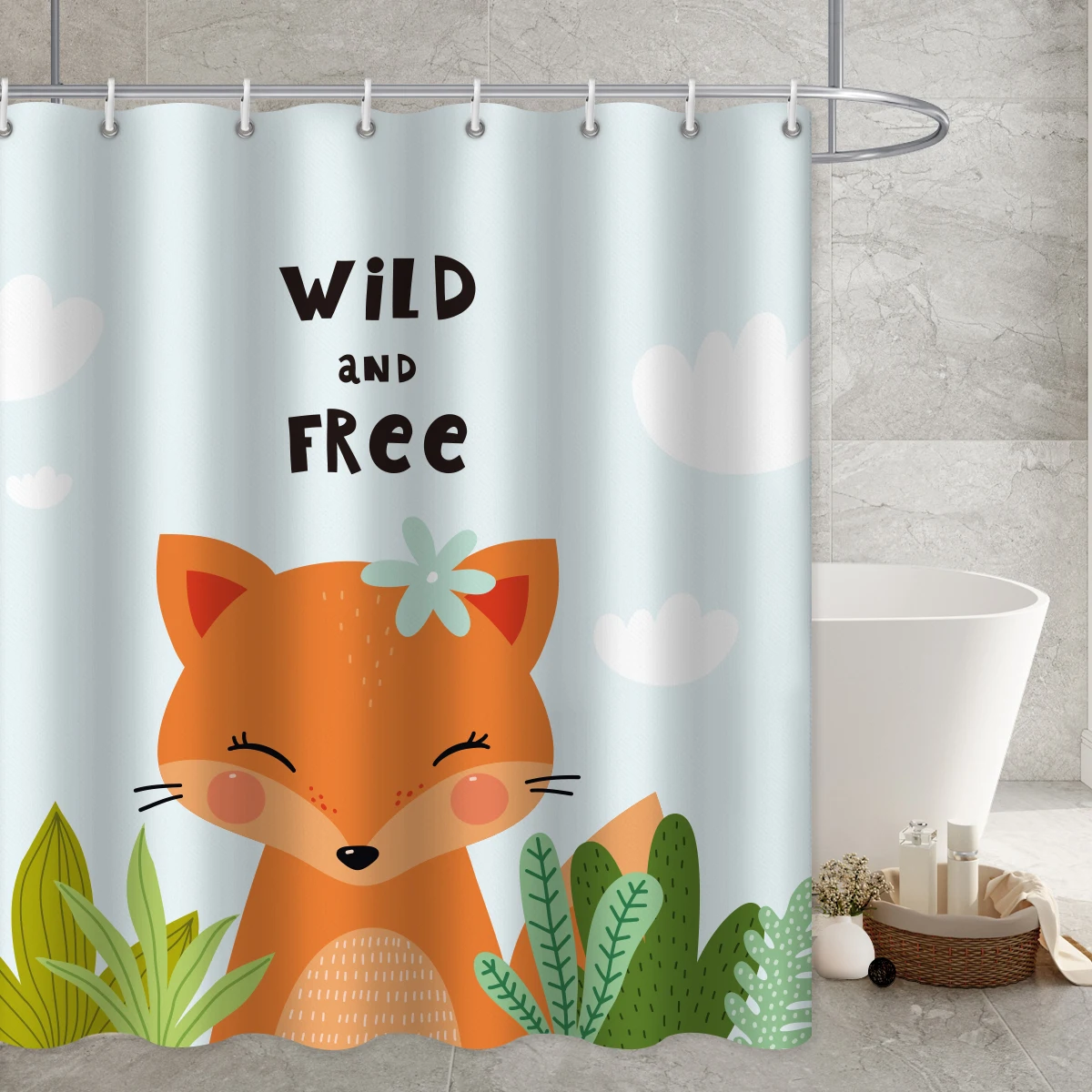 Wildlife Printed Shower Curtains Bathroom Waterproof Duschvorhang Cat Fox Rabbit Cartoon Bath Accessories Decor Curtain Hooks