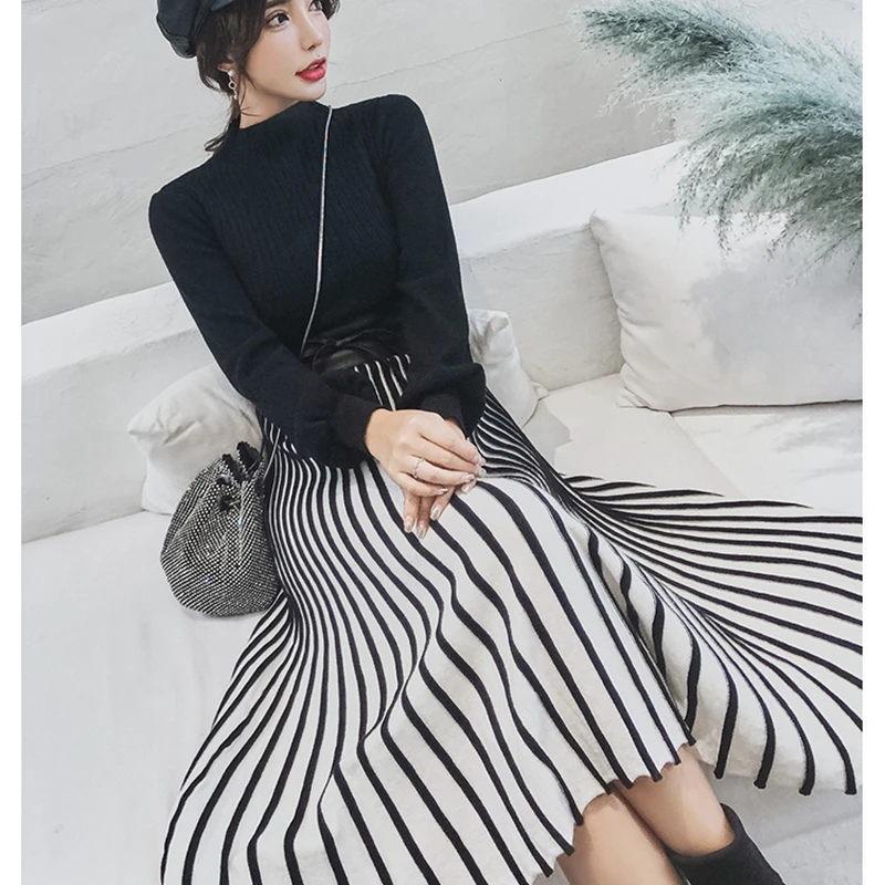 

New Fashion pleated knitted dresses women Autumn winter patchwork striped warm Soft sweater dress party dresses with sashes