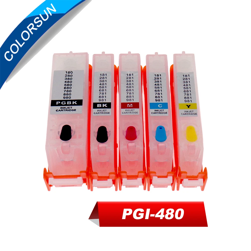 

Colorsun 5pc PGI 480 CLI481 refillable Ink Cartridge For Canon TS6140 TR7540 TR8540 printer ink cartridge PGI-480 with ARC chips