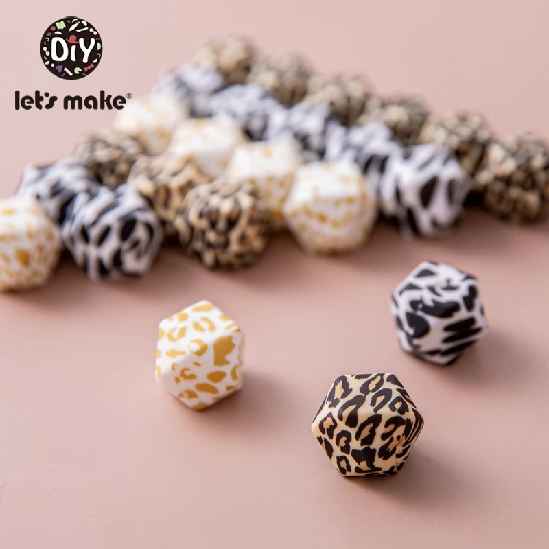 Let's Make-Cuentas octogonales de silicona para mordedores de beb&eacute;, juguetes para masticar, abalorios de leopardo impresos de 14mm, accesorio para manualidades, 10 Uds.-0