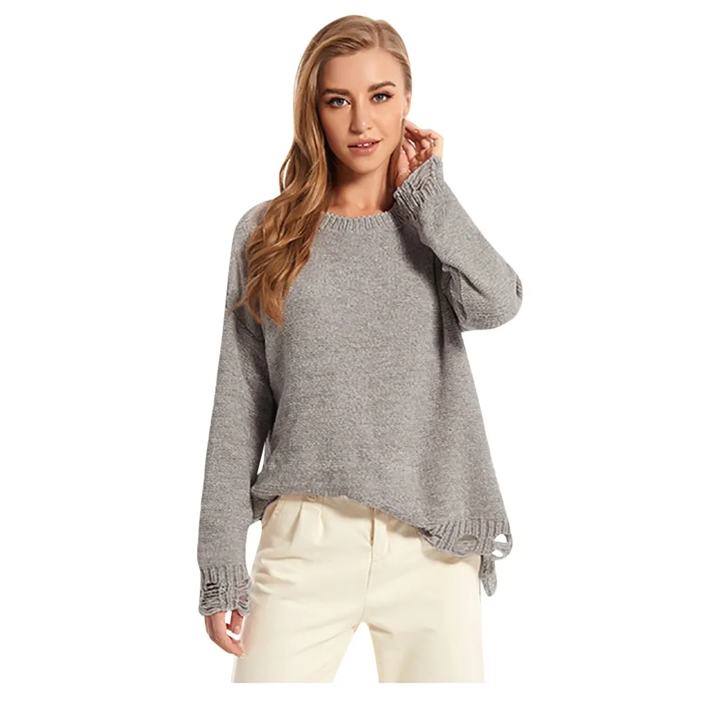 Женский свободный вязаный свитер однотонный пуловер с круглым вырезом и длинным