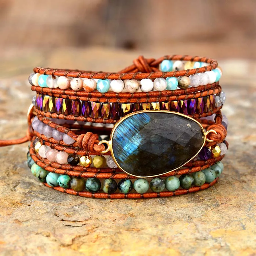 Exclusive New Women Boho Bracelets Labradorite 5 Times Leather Strap Woven Wrap Beads Bracelets Femme Dropshipping