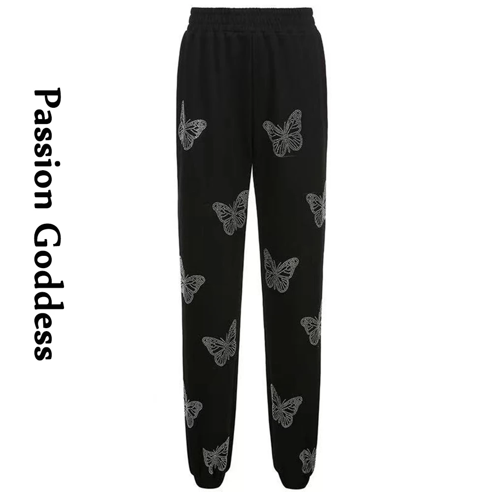 

Fashion Cute Women Butterfly Diamonds Pink Harem Pants Elastic High Waist Loose Sweatpants Glitter Hot Drilling Joggers Trousers