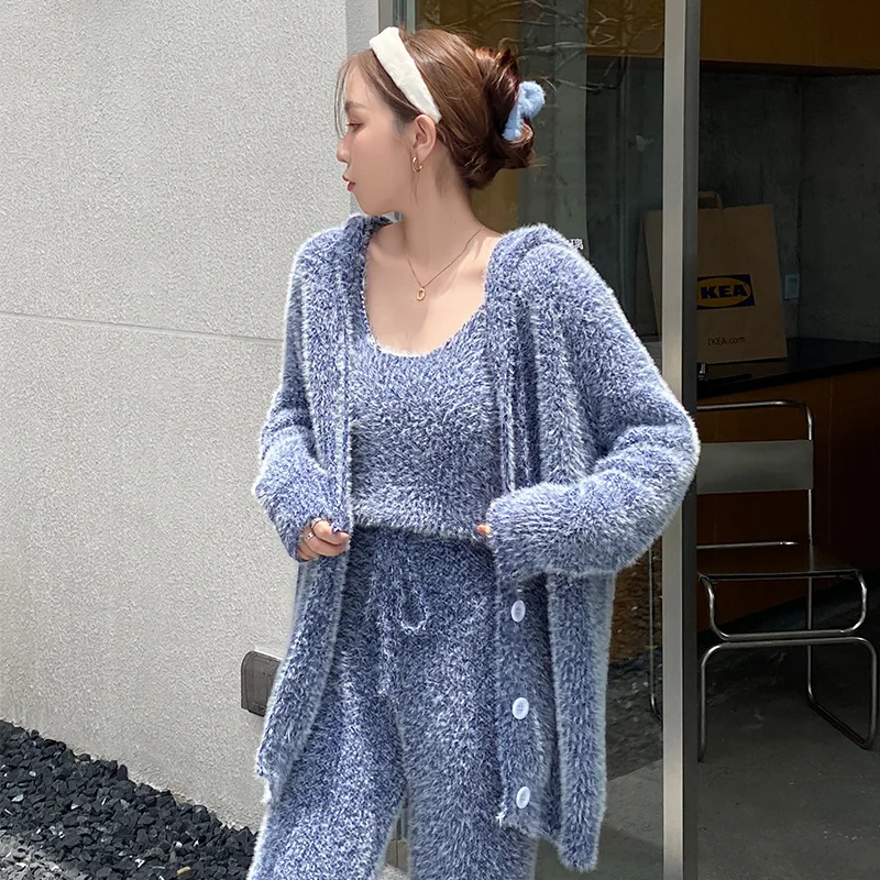 Coral Fleece Pajamas Winter Sleepwear For Women Warm Feather Yarn Pijamas Set Ladies Homewear Can Be Worn Outdoors 3 Piece Suit