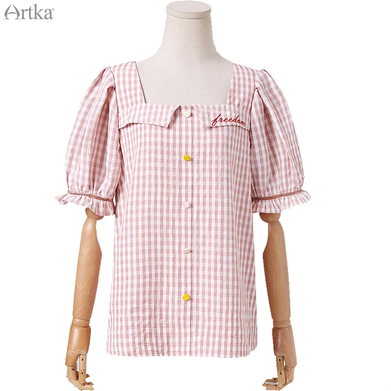 

ARTKA 2020 Summer New Women Blouse French Vintage Square Collar Shirts Short Lantern Sleeve Pink Plaid Blouse Women SA25100X