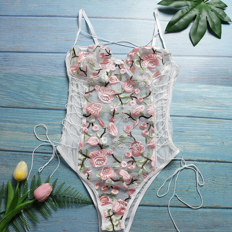 Женское боди с цветочной вышивкой ArtSu сексуальное прозрачное открытой спиной