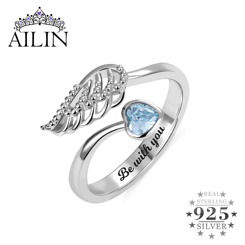 

AILIN 925 пробы Серебряные кольца для Для женщин Персонализированные камень кольцо в форме ангельских крыльев персонализированные внутри грав...