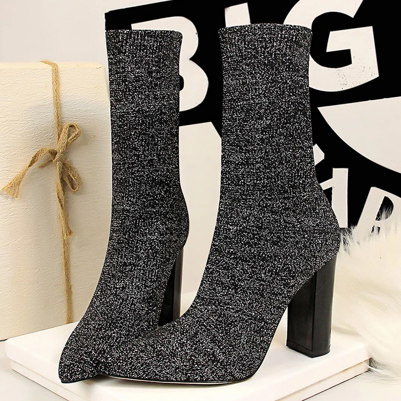 

2022 Women Stretch Knitted Sock Boots Block 9.5cm High Heels Fetish Plus Size Ankle Boots Stripper Chunky Booties Gothic Shoes