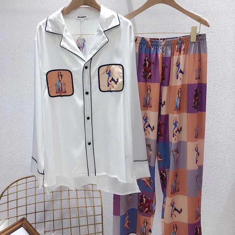 

Cartoon Couple Pajamas 2021 Spring and Autumn New Fun Pocket Patch Silk Sleepwear Two-Piece Set Soft Comfortable Satin Nightwear