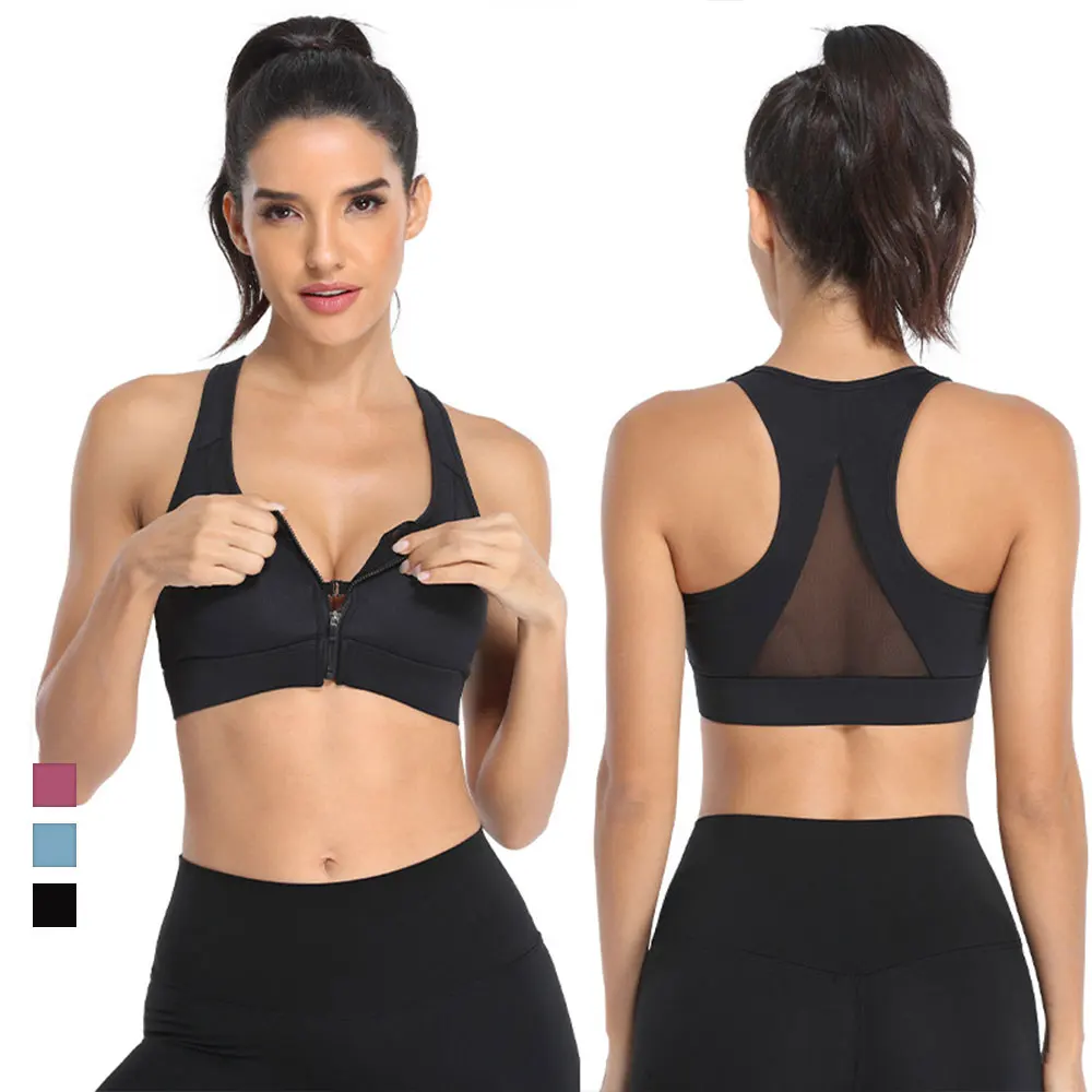 

Mesh Back Front Zip Up Sports Bra Shockproof Sexy Push Up Sports Bras Yoga Breathable Woman Padded Sport Crop Top Sportswear