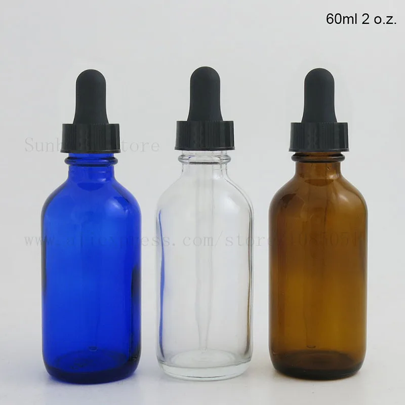 

NEW 10Pcs 60ml Cobalt Blue Clear Amber Glass 2 oz Eye Dropper Empty Bottle Boston Round Serum Pipette Bottles