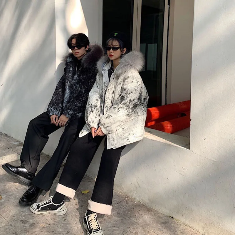 Black White Print Lovers Loose Parkas With Fur Collar Women Men Fashion Street Warm Cotton Coats Hooded Jackets Winter Clothing