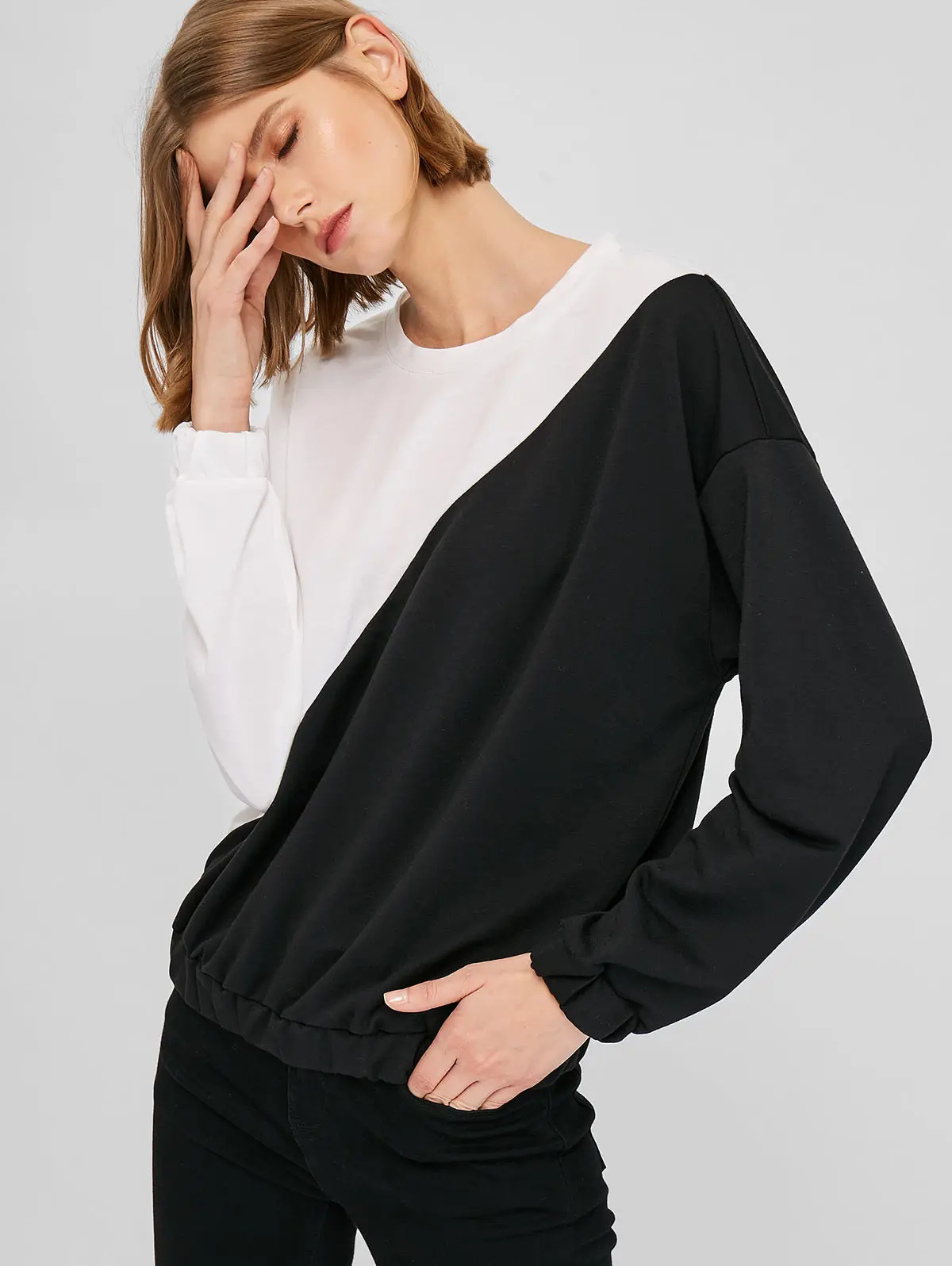 ZAFUL One Size Drop Color Block Sweatshirt Two-Tone Design Elastic Cuffs Edgy Touch Contrasting Sports Pullover Tops Fashion2019 | Женская