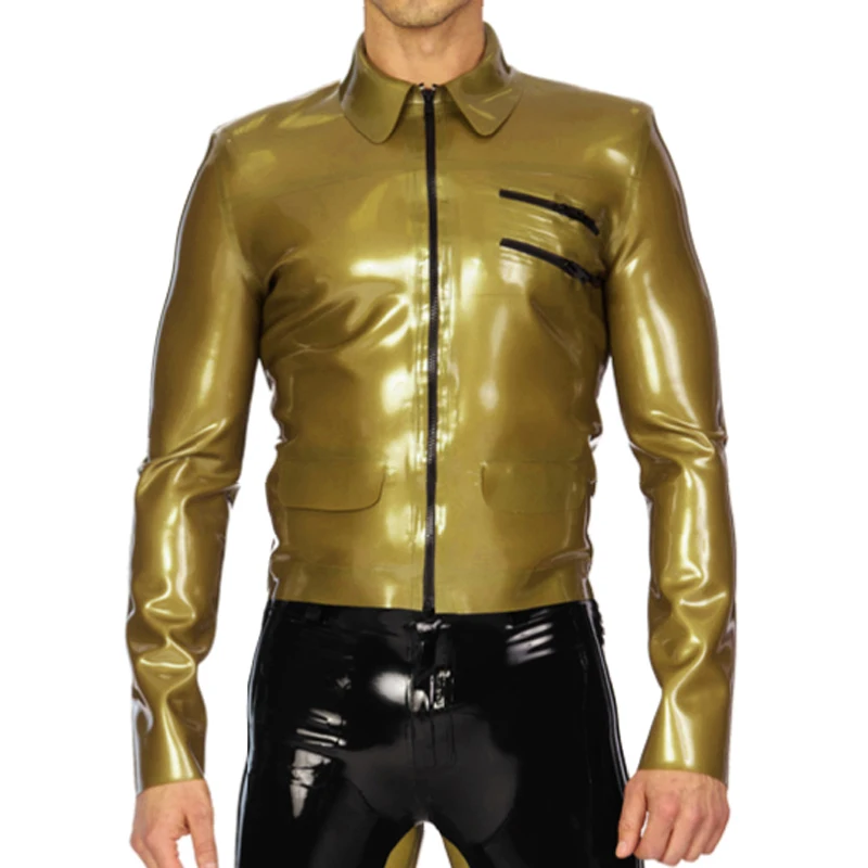 

Pearl Golden Sexy Short Latex Jacket Coats With Zipper At Front Pockets Rubber Robe YF-0293