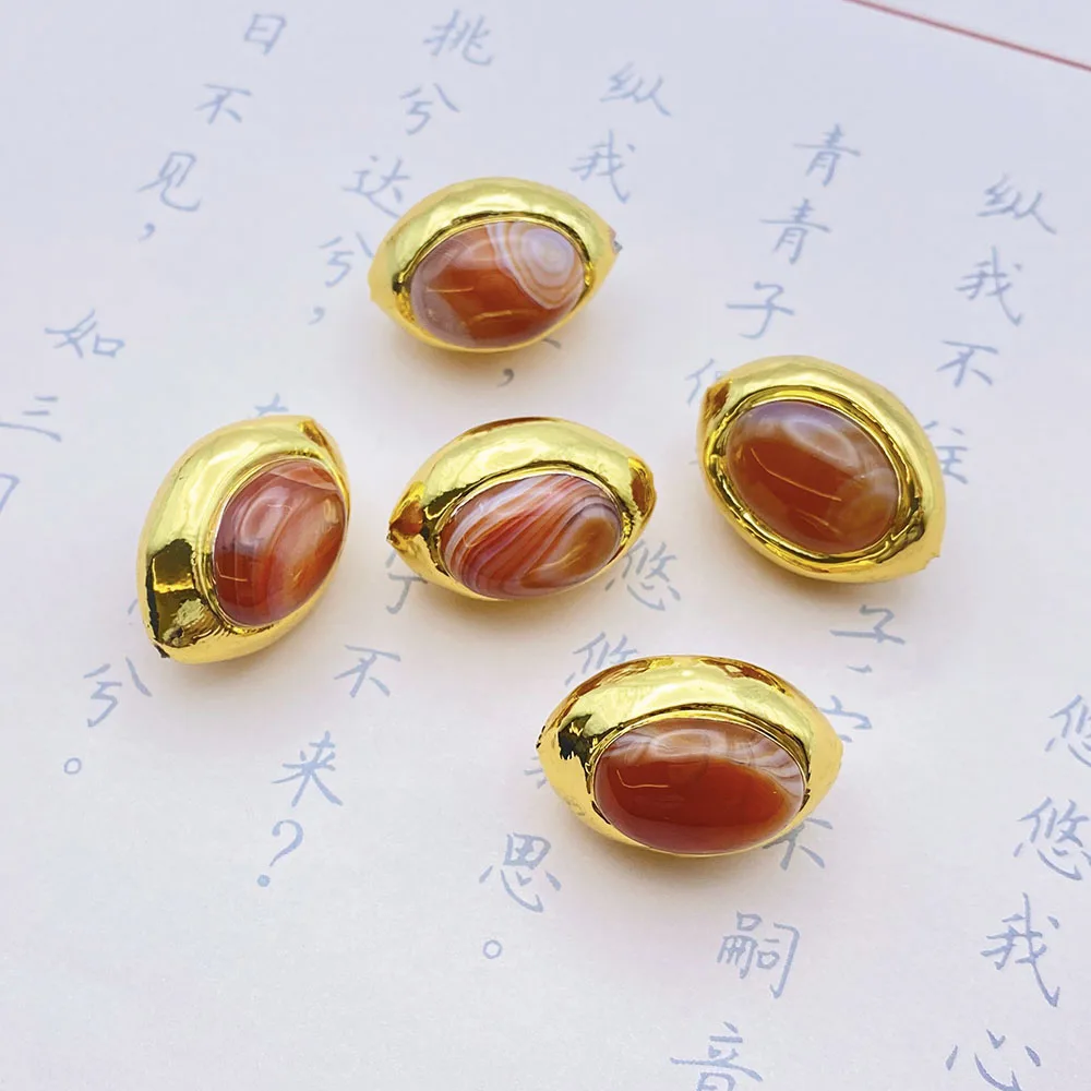 5pcs Natural Orange Stripe Agate Gemstone Gold Plated Copper Connector Spacer Bead DIY Bracelet Necklace Pendant Gift