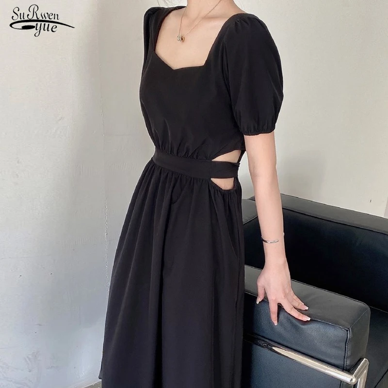 

Slim Black Women Dress Summer 2021 New Hollow Bandage Sexy Long Dress Lady Hepburn Style Square Collar Loose Dresses Robes 15694
