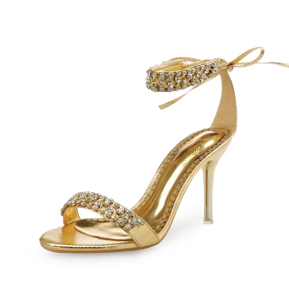 

BaoYaFang Golden crystal Summer Sandals womens fashion shoes Bride party dress shoes high heels ladies Sandals leather Sandals