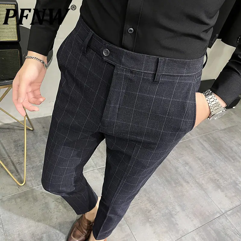 

PFNW Classic Style Plaid Suit Pants Business Casual 2021 Autumn Winter New Men's Slim Large Trousers Gray Blue Clothes 12Z0026