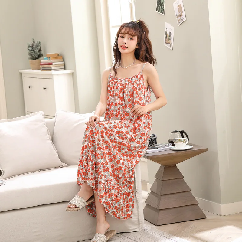 

Korean Sling Cotton Nightdress Summer Lengthened Homewear Short Sleeve Printing Youth Fashion Home Skirt