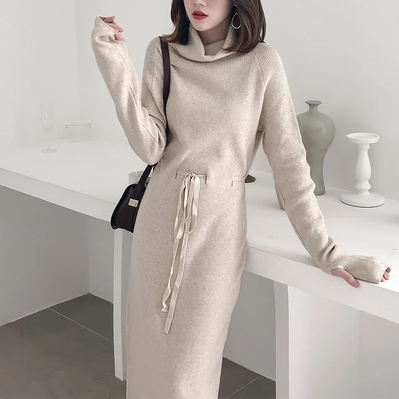 Luzuzi Winter Turtleneck Sweater Dress Women Lace Up Knitted Long Female Knitwear Full Sleeve Soft Vestidos high quality | Женская