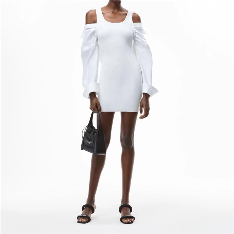 

2021 early autumn new hot girl contrast color design spell sleeve fake two piece off-shoulder shirt dress women'smini skirt bing