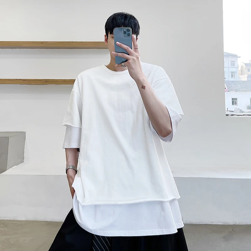 

Oversized summer minimalist style individual layered stitching Vintage short sleeve T-shirt with rough edge and trendy men's top