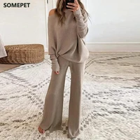 fashion womens 2 piece long sleeved suit knitted sweater pullover wide leg pants ladies round neck casual suit tracksuit