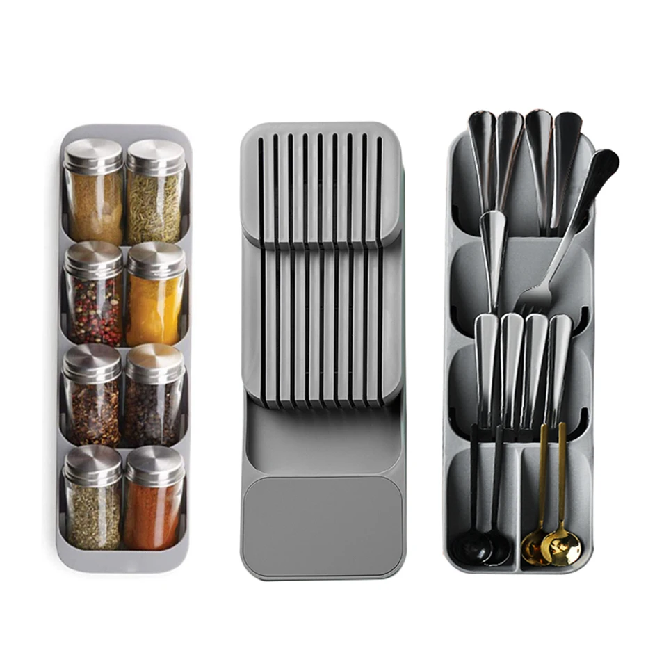 

Kitchen Drawer Cutlery Storage Tray Knife Holder Spoon Forks Tableware Organizer Container for Spice Bottles Knifves Block Rack