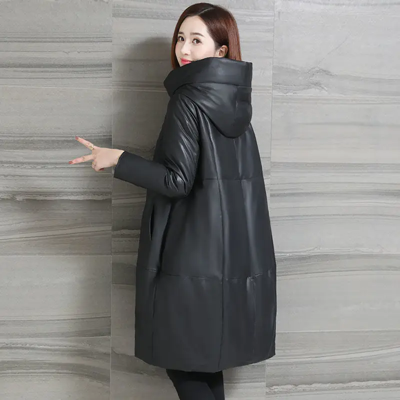 

Women 2021 Winter Hooded Padded PU Parka Female Faux Leather Down Cotton Jacket Ladies Loose Zipper Casual Warm Long Coats Z643