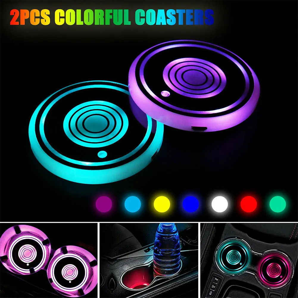

Car Dome LED Cup Holder Automotive Interior Lamp USB Multi-Colorful Atmosphere Light Drink Holder Anti-Slip Mat Bulb 2PCS