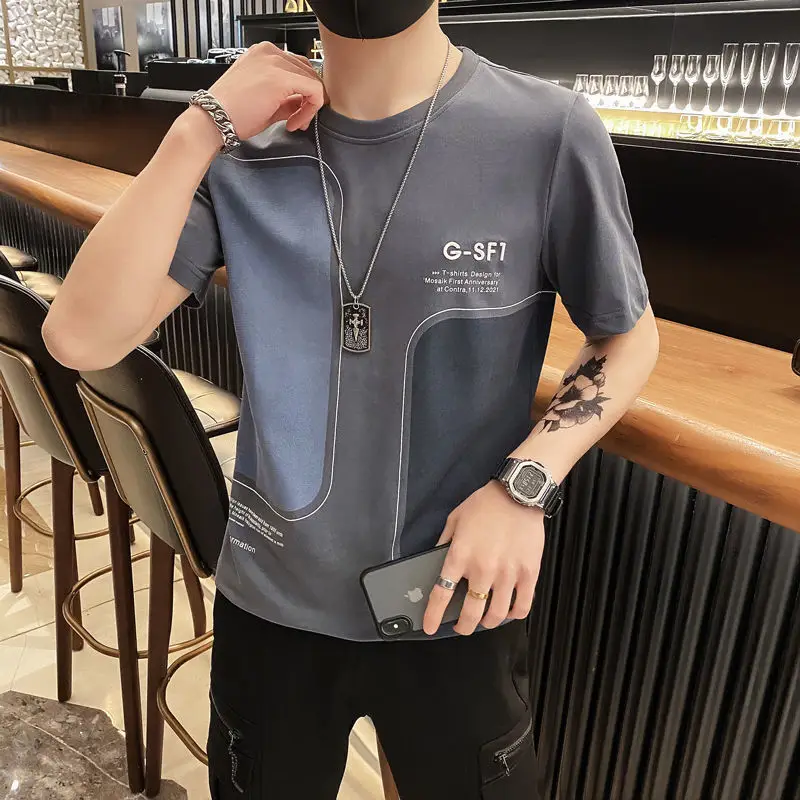 

Summer new cotton T-shirt men's trend round neck loose slim short sleeves