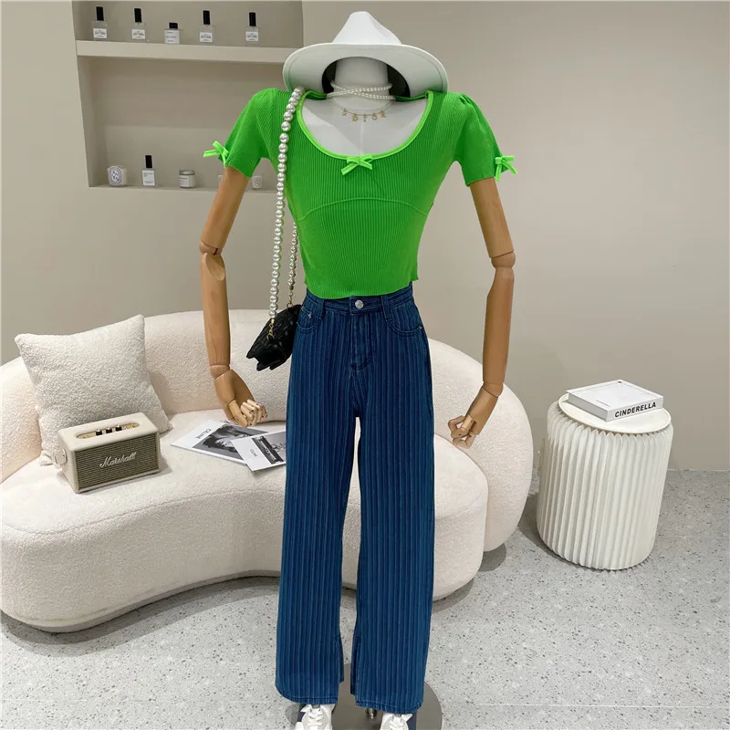 

Women's Spring 2021 Niche Design Fashion Dark Blue Wide Leg Retro Pants Casual Striped High Waisted Jeans