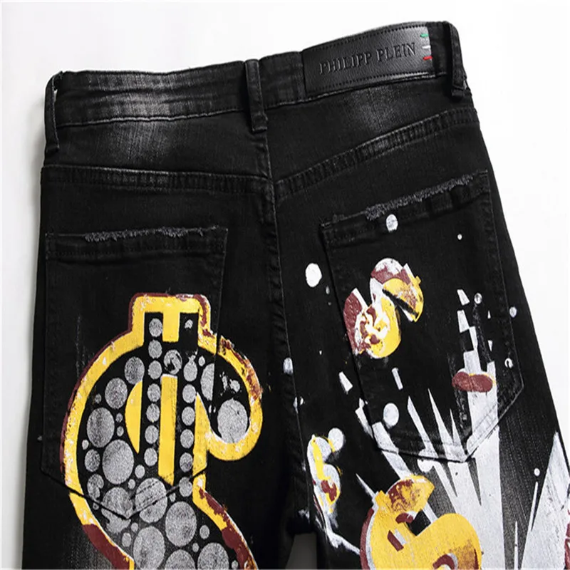 Men's Large Size Seasonal Fashion Casual All-Match Black Print Slim Hole Stretch Jeans With Small Feet