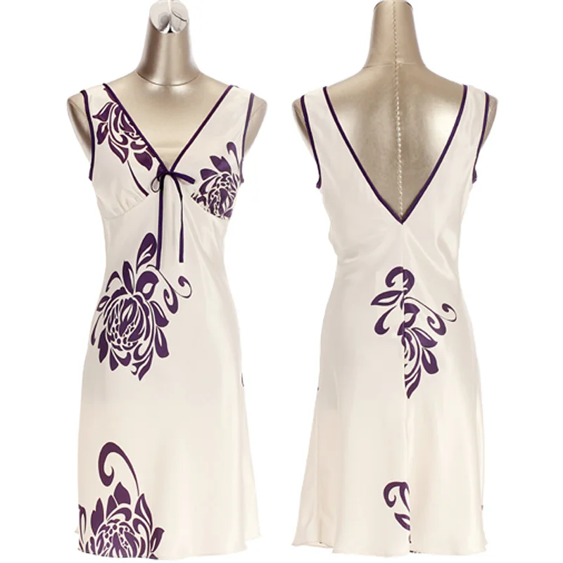 Атласные ночные рубашки для женщин атласное платье сна с цветочным принтом