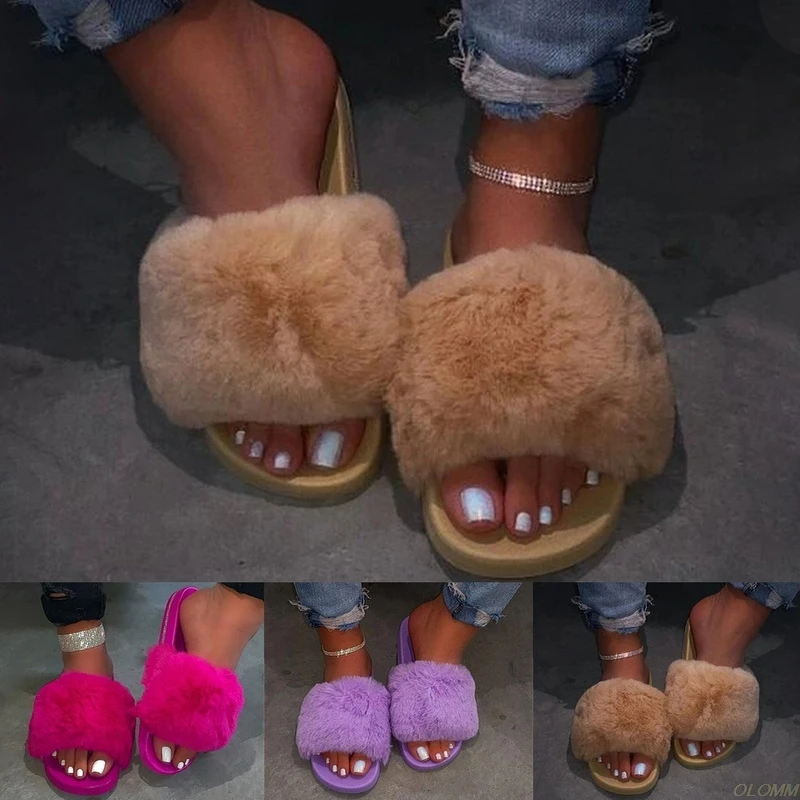 2020 Furry Slippers Women Fur Home Fluffy  Plush Furry Summer Flats Sweet Ladies Shoes Size 36-43 Purple Pink Color